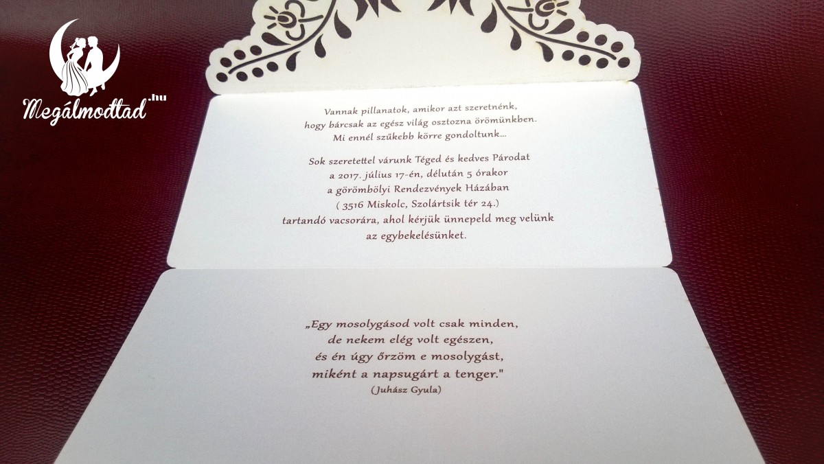 Matyó mintás lézervágott esküvői meghívó elegáns megjelenéssel