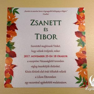 Színes faleveles őszi esküvői meghívó kétoldali díszítéssel