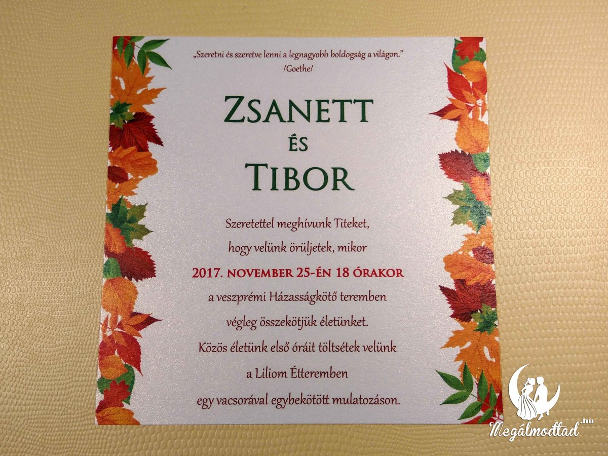 Színes faleveles őszi esküvői meghívó kétoldali díszítéssel