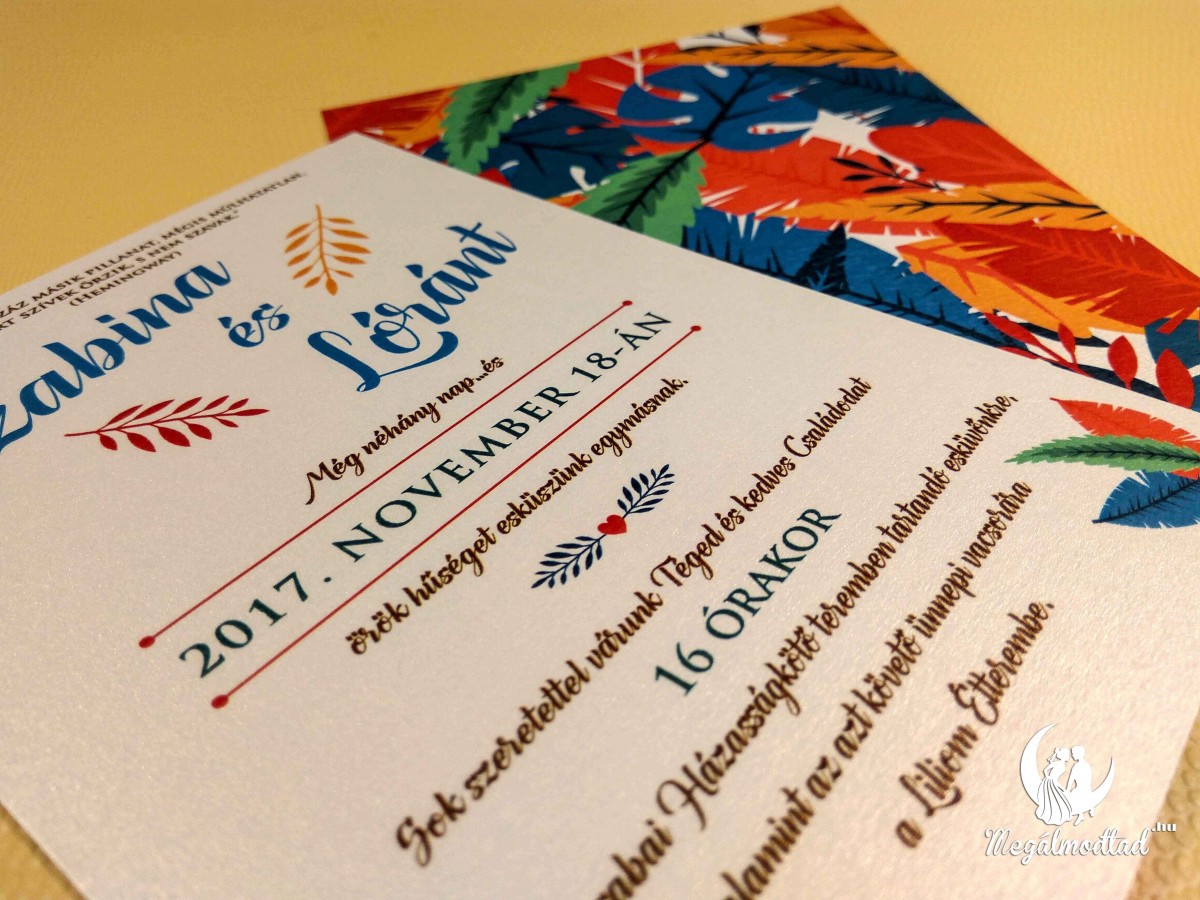 Színes leveles kétoldalas esküvői meghívó gyöngyház kartonon