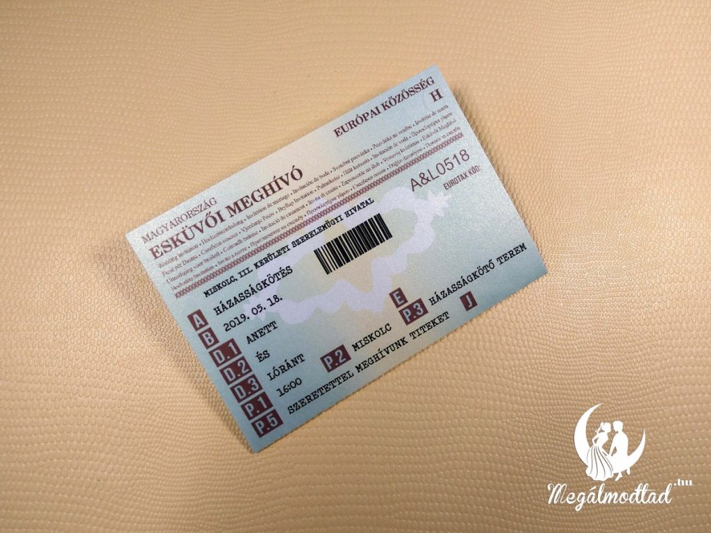 Egyedi esküvői meghívó forgalmi engedély stílusban, személyre szabható adatokkal és dizájnnal.