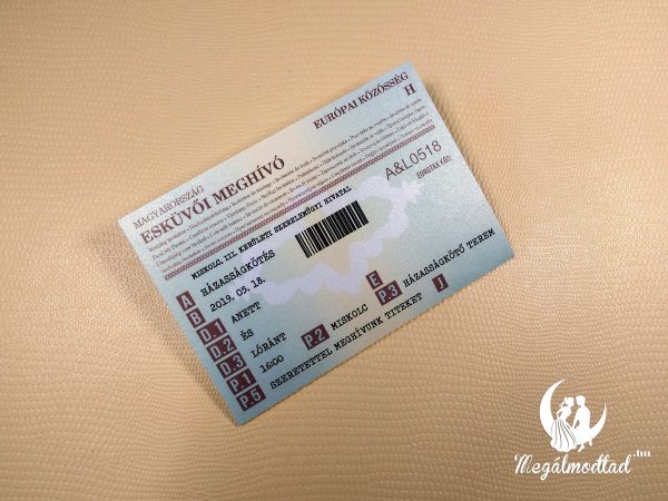 Egyedi esküvői meghívó forgalmi engedély stílusban, személyre szabható adatokkal és dizájnnal.