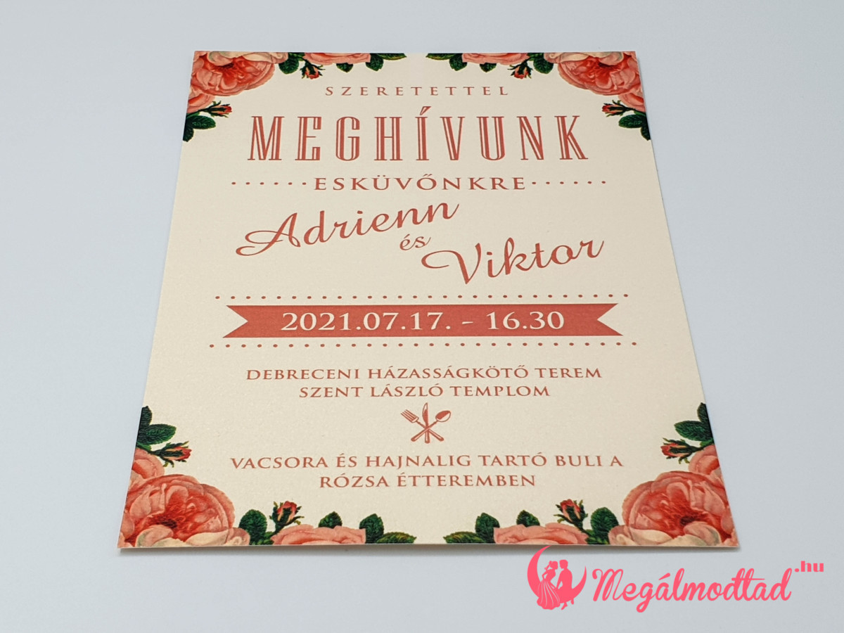 Nyomtatott rózsa mintás őszi esküvői meghívó