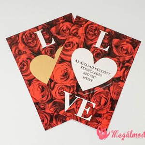 Valentin napi kaparós sorsjegy rózsás háttérrel, LOVE elrendezésben