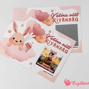 Rózsaszín nyuszis keresztszülő felkérő kaparós sorsjegy lufival és cumisüveggel