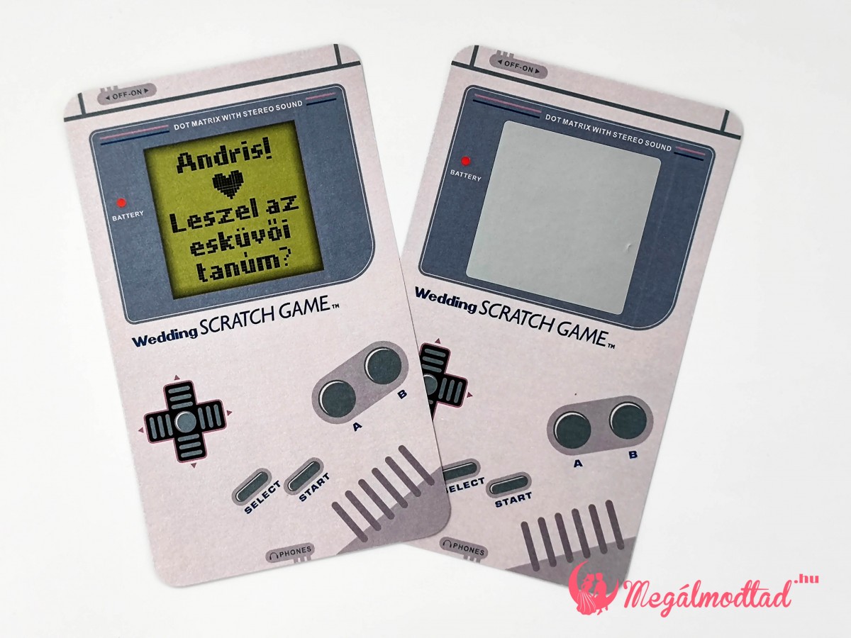 Retro Gameboy tanúfelkérő kaparós sorsjegy, játékos felkéréssel