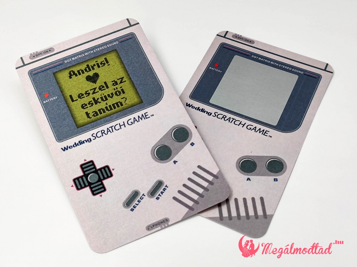Retro Gameboy tanúfelkérő kaparós sorsjegy, játékos felkéréssel