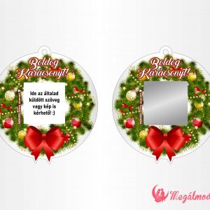 karácsonyi dísz koszorú arany gömbökkel, gyöngyökkel, piros masnival, kaparófelülettel és személyes üzenettel