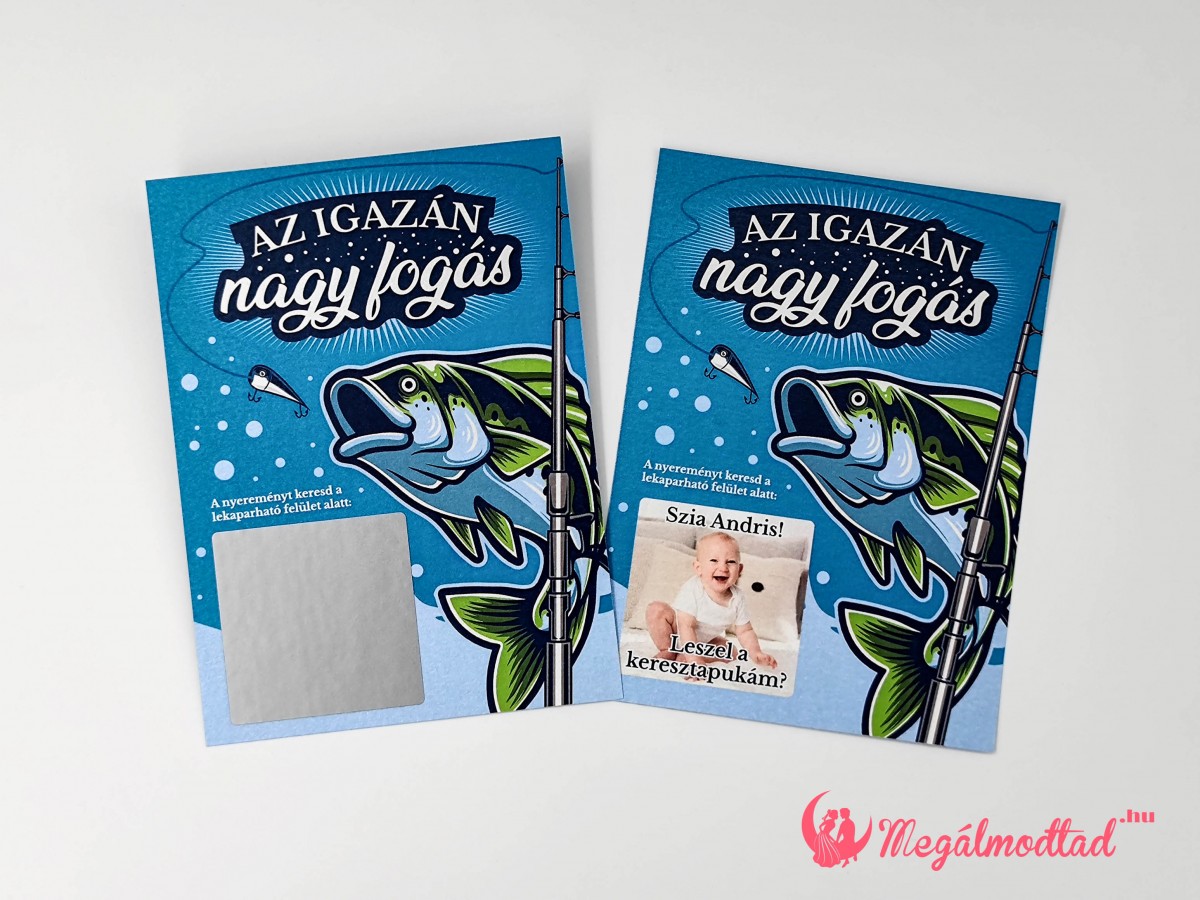 Horgászos keresztszülő felkérő, kaparófelülettel