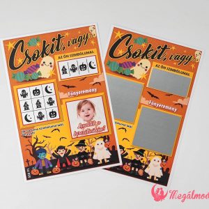 Halloween tematikájú Csokit vagy csalunk keresztszülő felkérő egy kaparós felülettel