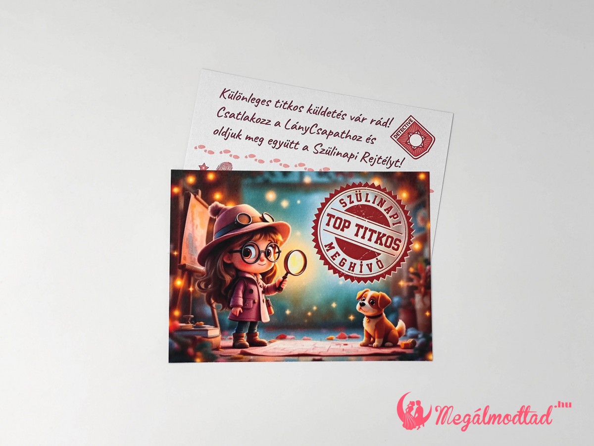 Top Secret szülinapi meghívó gyerekeknek, magánnyomozó kiscsajjal, 11x15 cm-es, kétoldalas, gyöngyházfényű kartonra nyomtatva